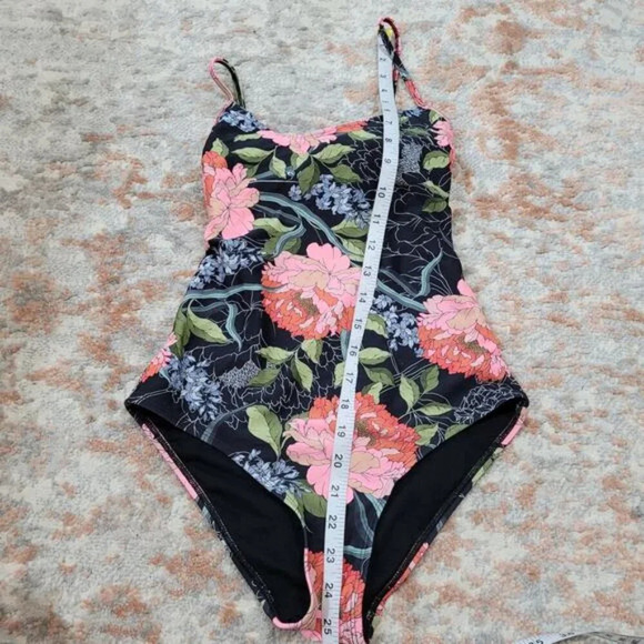 Eidon Black One Piece Swimsuit with Peony Pattern - Size Small - Picture 5 of 7